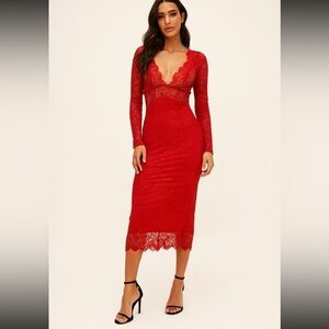 Nasty Gal Red Lace Sheer Long‎ Sleeve Midi Dress Sexy Party Cocktail Date Night